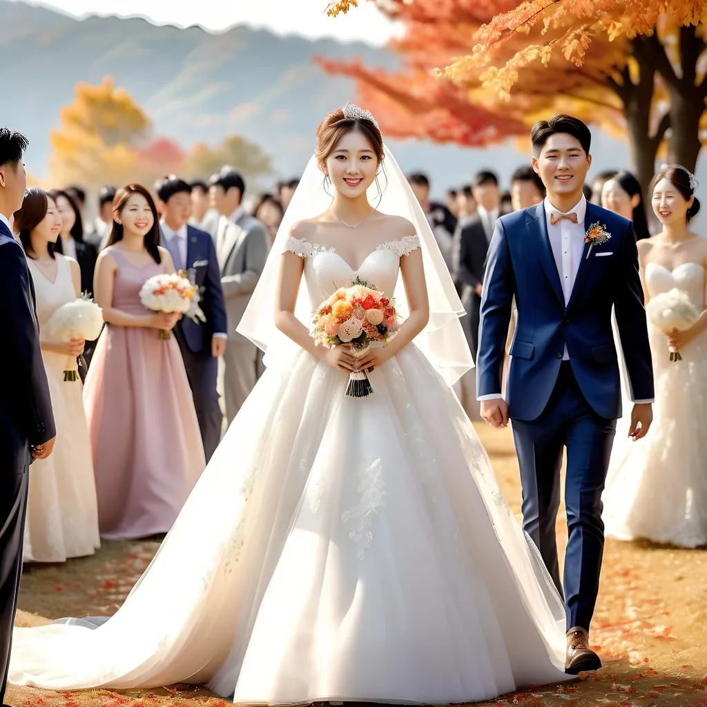 Prompt: A happy Korean bride walking down the aisle at an outdoor wedding venue while receiving congratulations from guests on a sunny autumn day
Cute and glamorous bride, very beautiful, baby face Wearing a stage costume Thighs visible splash art, hyper detailed, ultra realistic, highly detailed, surreal heavy mist, AI defined exquisitely beautiful, totally ultra realistic young adult Korean, gorgeously detailed facial features, sumptuous cleavage, perfect body proportions, ultra pale, ultra glamorous, perfect shading, impeccable contrast, HDR, UHD, high res, 64k