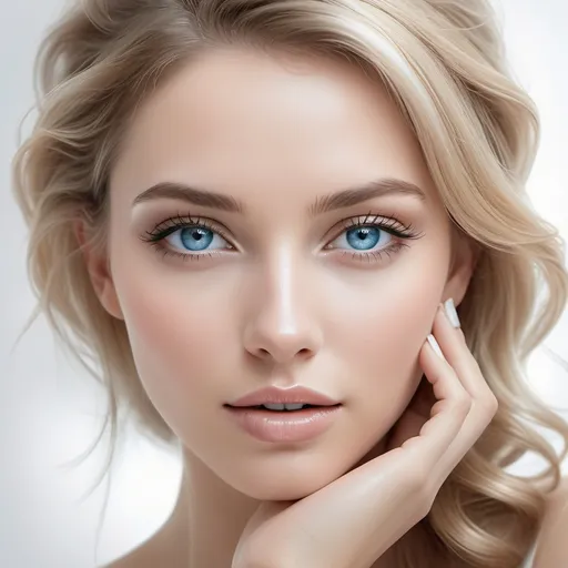 Prompt: glamorous woman’s face, defined facial features, hands on her face, blue eyes wide open, skin (highly reflective made of polished metal), blends into a white background, soft and elegant colors, ambient occlusion rendering, ultra-detailed, delicate and refined atmosphere, capturing beauty and elegance, vibrant yet subtle mood, high-quality artistry.