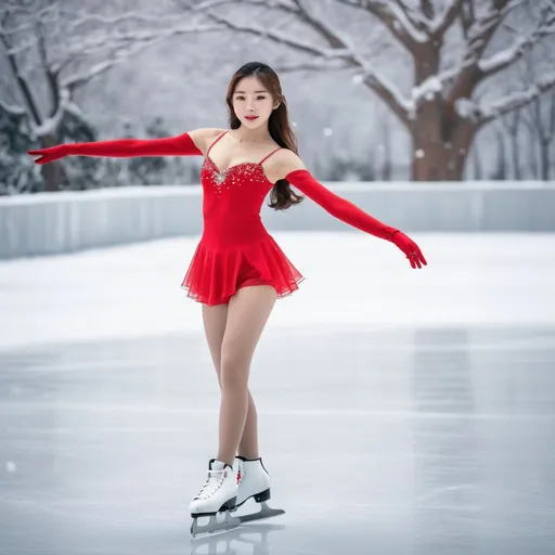 Prompt: A glamorous Korean girl is figure skating on a snowy Christmas day.
full body shot, Red figure skates

AI defined exquisitely beautiful, totally ultra realistic young adult Korean, gorgeously detailed facial features, sumptuous cleavage, perfect body proportions, ultra pale, ultra glamorous, perfect shading, impeccable contrast, HDR, UHD, high res, 64k