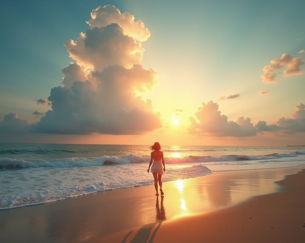 Prompt: walking barefoot on a serene shoreline, beneath a breathtaking sky, exquisite artistic clouds forming an enchanting backdrop, warm sun casting golden hues on the water, tranquil ambiance, gentle waves lapping at the sand, ultra-detailed, cinematic quality, emotionally captivating scene, inviting and dreamy atmosphere.