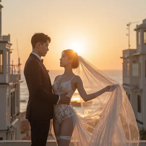 Prompt: Sunset over the sea, sunset, warm feeling,
A Korean groom and bride are having their wedding photoshoot Between the windy buildings. 

The groom is holding the bride's waist with one hand.
The groom is wearing a tight-fitting suit.

The bride is wearing a see-through mini wedding dress.
She is wearing stockings, a garter belt, and a veil.
The veil and dress are blowing in the wind.
hyper detailed, ultra realistic, highly detailed, AI defined exquisitely beautiful, totally ultra realistic young adult Korean, gorgeously detailed facial features, perfect body proportions, ultra pale, ultra glamorous, HDR, UHD, high res, 64k, cinematic lighting, special effects, hd octaneArtgerm