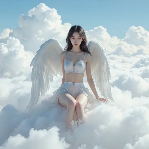 Prompt: A Korean woman angel sitting on a cloud on a sky wearing only a Garter belt and stockings, full body, photo, 
visible thighs, hyper detailed, ultra realistic, highly detailed, AI defined exquisitely beautiful, totally ultra realistic young adult Korean, gorgeously detailed facial features, perfect body proportions, ultra pale, ultra glamorous, HDR, UHD, high res, 64k, cinematic lighting, special effects, hd octaneArtgerm