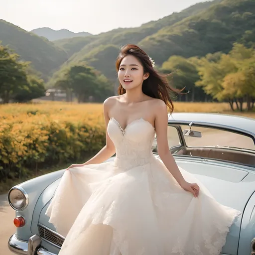 Prompt: A dazzlingly beautiful Korean woman in her 20s taking off her wedding dress in a classic car.