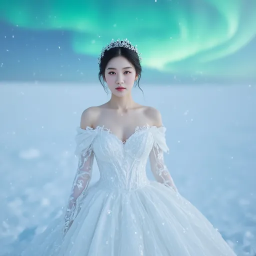 Prompt: (A full body image)A young, beautiful Northeast Asia woman wearing A beautiful winter bridal gown designed for cold weather. Taking a bridal photoshoot in the snowy Arctic with the Northern Lights in the background.
hyper detailed, ultra realistic, highly detailed, AI defined exquisitely beautiful, totally ultra realistic young adult Korean, gorgeously detailed facial features, sumptuous cleavage, perfect body proportions, ultra pale, ultra glamorous, perfect shading, impeccable contrast, HDR, UHD, high res, 64k