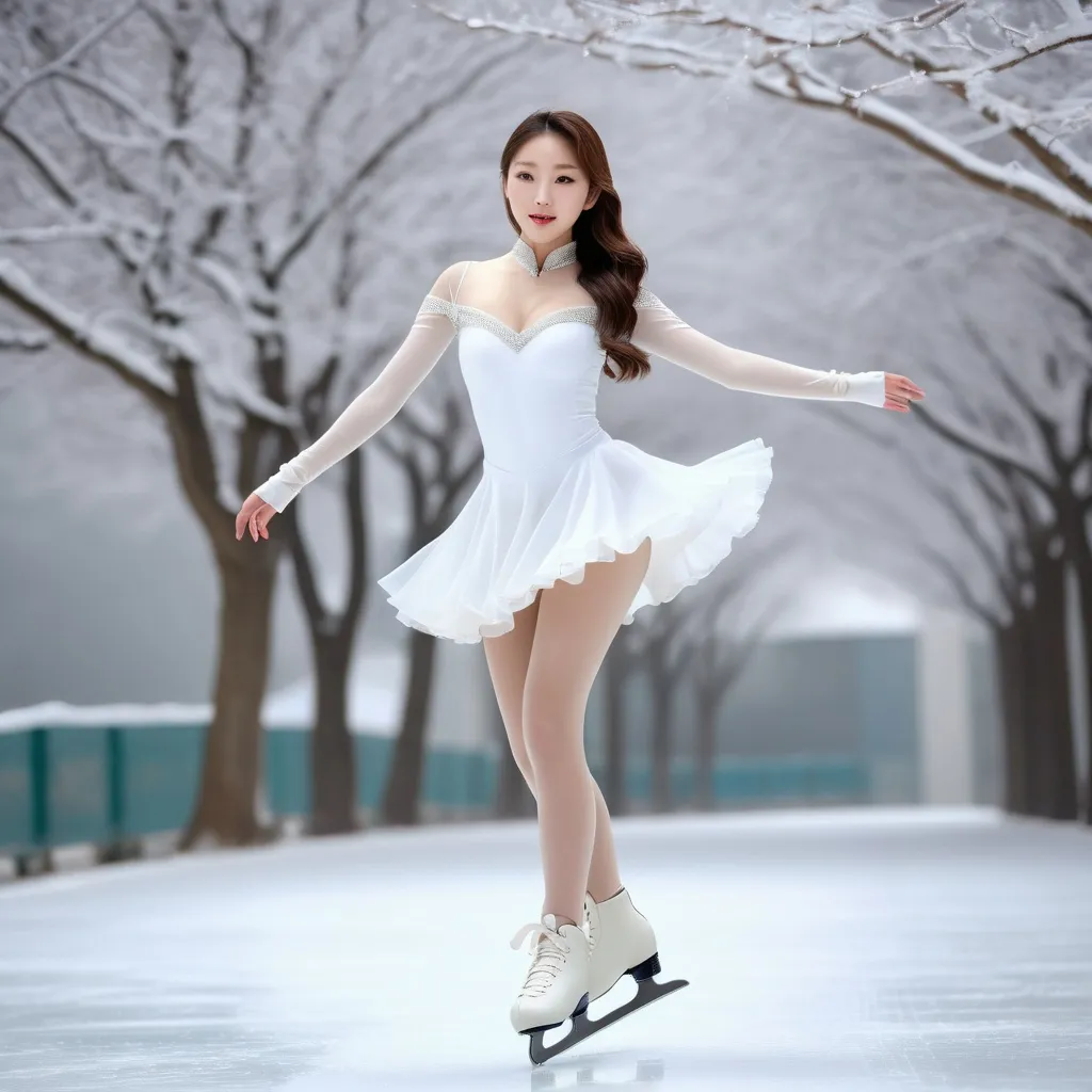 Prompt: A glamorous Korean girl is figure skating on a snowy Christmas day.
full body shot, white figure skates

AI defined exquisitely beautiful, totally ultra realistic young adult Korean, gorgeously detailed facial features, sumptuous cleavage, perfect body proportions, ultra pale, ultra glamorous, perfect shading, impeccable contrast, HDR, UHD, high res, 64k