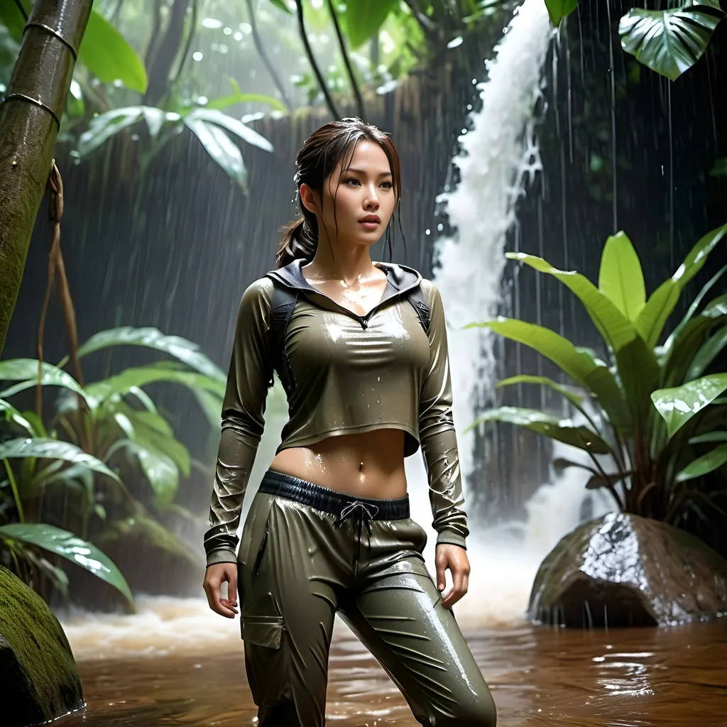 Prompt: Generate a photo of a young korean woman, wearing a  lara croft, long pants, long sleeve top, in the jungle, blizzard,  action view. She is enjoying being in her wet clothes, water dripping from her clothes, which are stuck to her body.  The image should show detailed textures of the wet fabric, a wet face, and plastered hair. The overall effect should be shiny and wet, with professional, high-quality details and a full body view.