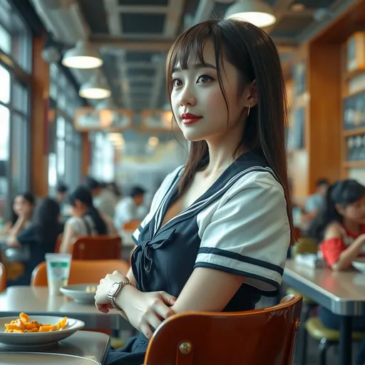 Prompt: An 20-year-old japanese cute girl wearing a mini school uniform sitting on a high chair in a crowded restaurant waiting for food, deep cleavage, side view. full body

natural lighting, hyper detailed, ultra realistic, highly detailed, surreal heavy mist, AI defined exquisitely beautiful, totally ultra realistic, young adult japanese, gorgeously detailed facial features, sumptuous cleavage, perfect body proportions, ultra pale, ultra glamorous, perfect shading, impeccable contrast, HDR, UHD, high res, 64k