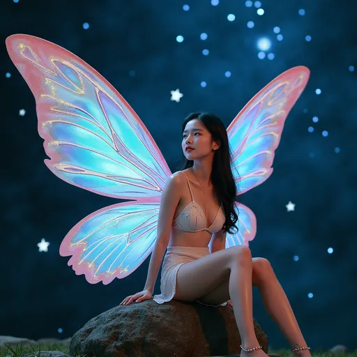 Prompt: fantastic fantasy art, young korean woman with gigantic colourful semi-transparent fairy wings, tight pearly outfit (short skirt, crop-top, belly-baring, decollete), sitting on a rock with spreded wide open legs, arms casually resting on her knees, beaded white decorated stockings, dark night with a magnificent starry sky in the background, hard spotlight lighting giving the picture a certain drama.