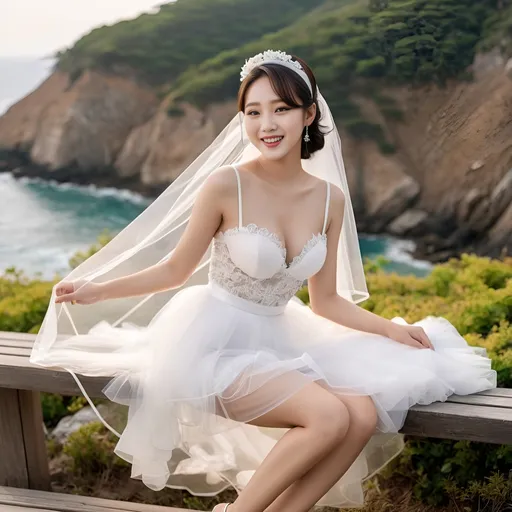 Prompt: Cute and very glamorous 20-something Korean woman, very beautiful, baby face, huge chest, slim body, thin waist, long legs
During a photoshoot wearing a see-through H-line wedding dress, garter belt, high heels
H-line wedding dress is torn vertically, revealing her legs, Hairband on her head, Smiling expression, Outfit that emphasizes her glamorous body, Small clothes, Holding a small bouquet in one hand, During a photoshoot on a windy seaside hill, (Skirt and veil blowing in the wind: 1.4), Sitting on a bench with her legs slightly spread
Showing her thighs
Wearing a garter belt