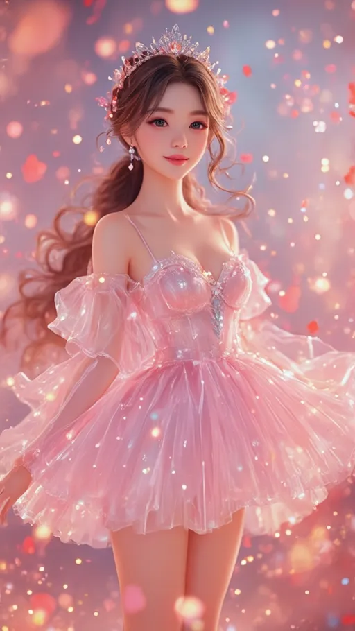 Prompt: princess, (Cute and lively) gown, shimmering (See-through mini dress accents), simple dress, mini dress, small tiara, Innocent smile, flowing hair, soft glowing lights, serene ambiance, (highly detailed) 4K resolution, full body shot, enchanting atmosphere, low angle perspective for grandeur.
full body, pale skin, pure appearance, pure face, dazzlingly beautiful appearance, deep cleavage, AI defined exquisitely beautiful, totally ultra realistic young adult Korean, gorgeously detailed facial features, sumptuous cleavage, perfect body proportions, ultra pale, ultra glamorous, perfect shading, impeccable contrast, HDR, UHD, high res, 64k, 15cm high heels, garter belt, Knee high socks