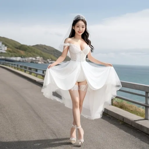 Prompt: Cute and glamorous Korean woman in her 20s During a photoshoot wearing a see-through mini wedding dress, garter belt, and high heels Hairband on her head Smiling expression Outfit that emphasizes her glamorous body Clothing is a bit small Chest sticks out Holding a small bouquet in one hand. During a photoshoot on a windy seaside hill. Skirt and veil blowing in the wind Thighs visible Wearing a garter belt

AI defined exquisitely beautiful, totally ultra realistic young adult Korean, gorgeously detailed facial features, sumptuous cleavage, perfect body proportions, ultra pale, ultra glamorous, perfect shading, impeccable contrast, HDR, UHD, high res, 64k