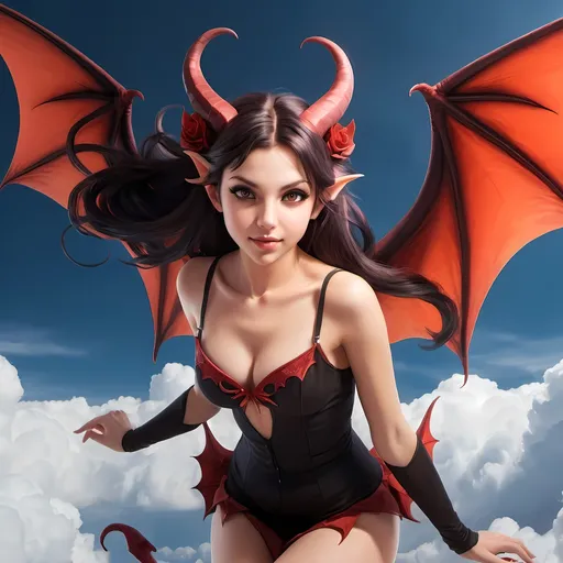 Prompt: A succubus in the form of a young woman in her twenties with an innocent face flying through the sky.