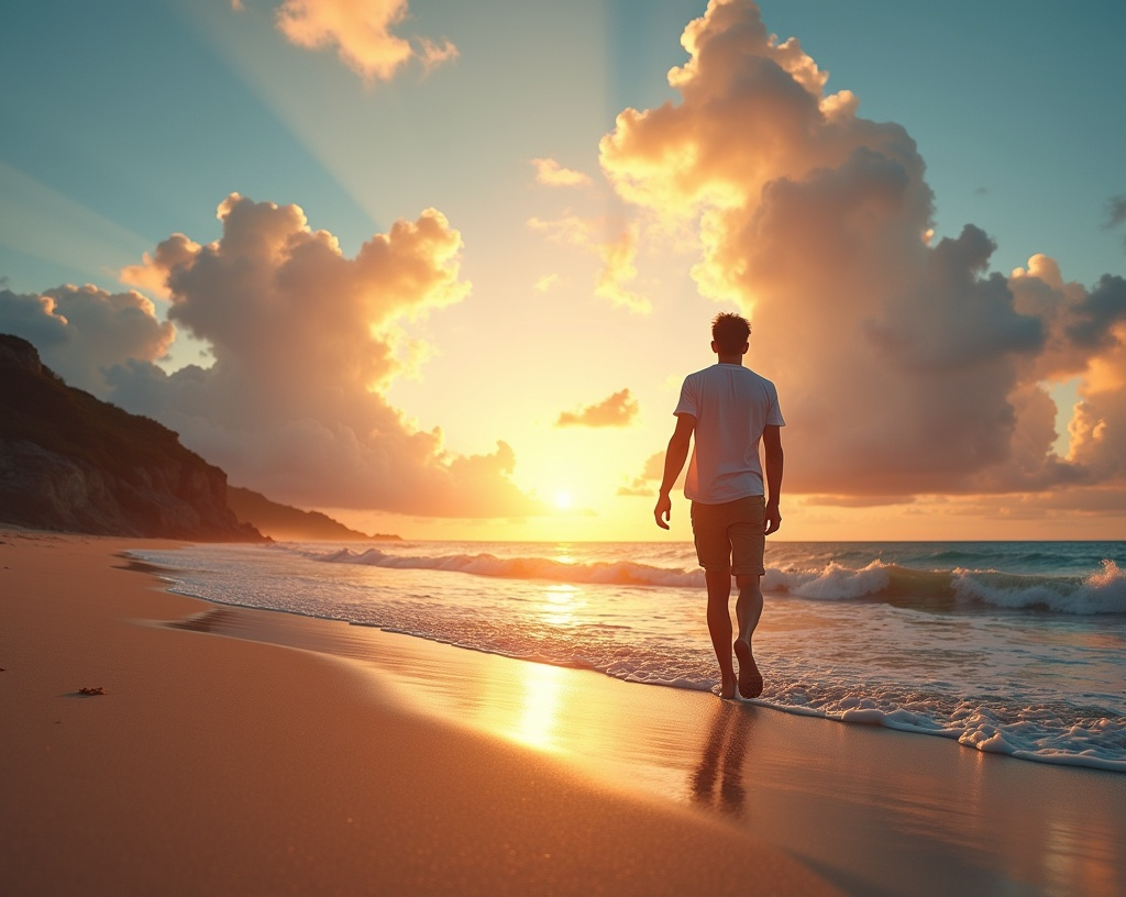 Prompt: walking barefoot on a serene shoreline, beneath a breathtaking sky, exquisite artistic clouds forming an enchanting backdrop, warm sun casting golden hues on the water, tranquil ambiance, gentle waves lapping at the sand, ultra-detailed, cinematic quality, emotionally captivating scene, inviting and dreamy atmosphere.