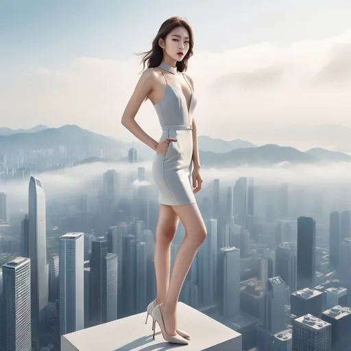 Prompt: korean Calvin Klein model in advertisement, heel pumps, 
She stands on top of a skyscraper and looks out over the city.
Sunny weather, 

Full body shot, hyper detailed, ultra realistic, highly detailed, surreal heavy mist, AI defined exquisitely beautiful, totally ultra realistic young adult Korean, gorgeously detailed facial features, perfect body proportions, ultra pale, ultra glamorous, perfect shading, impeccable contrast, HDR, UHD, high res, 64k