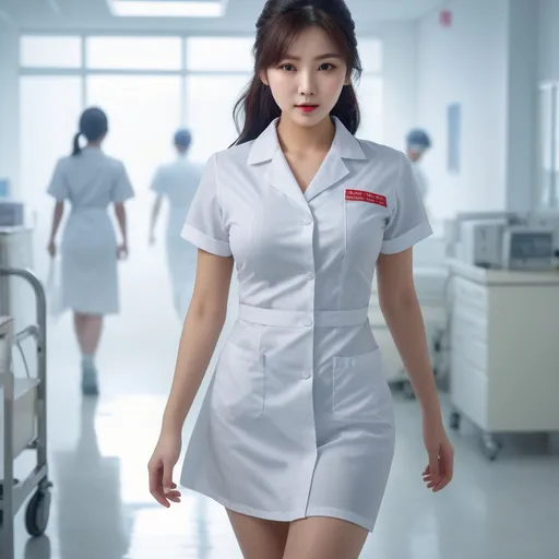 Prompt: splash art, hyper detailed, ultra realistic, highly detailed, surreal heavy mist, Detailed full body depiction, AI defined exquisitely beautiful, totally ultra realistic young adult Korean, gorgeously detailed facial features, sumptuous cleavage, perfect body proportions, ultra pale, ultra glamorous nurse, walking in a hospital, Blouse and stockings, 
HDR, UHD, high res, 64k, hd octaneArtgerm