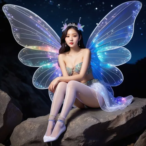 Prompt: fantastic fantasy art, young korean woman with gigantic colourful semi-transparent fairy wings, tight pearly outfit (short skirt, crop-top, belly-baring, decollete), sitting on a rock with spreded wide open legs, arms casually resting on her knees, beaded white decorated stockings, chubby thighs, dark night with a magnificent starry sky in the background, hard spotlight lighting giving the picture a certain drama.
AI defined exquisitely beautiful, totally ultra realistic young adult Korean, gorgeously detailed facial features, sumptuous cleavage, perfect body proportions, ultra pale, ultra glamorous, perfect shading, impeccable contrast, HDR, UHD, high res, 64k