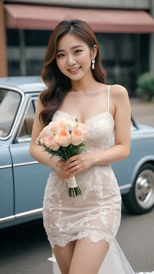 Prompt: Cute and glamorous 20-something Korean woman, very beautiful, baby face
Photoshoot wearing see-through mini wedding dress, garter belt, and high heels
Smiling expression
Outfit that emphasizes glamorous body
Clothing is a bit small
Chest sticks out
Holding a small bouquet in one hand.
A dazzlingly beautiful Korean woman in her 20s taking off her wedding dress in a classic car.
Thighs visible
Wearing a garter belt
splash art, hyper detailed, ultra realistic, highly detailed, surreal heavy mist, AI defined exquisitely beautiful, totally ultra realistic young adult Korean, gorgeously detailed facial features, sumptuous cleavage, perfect body proportions, ultra pale, ultra glamorous, perfect shading, impeccable contrast, HDR, UHD, high res, 64k