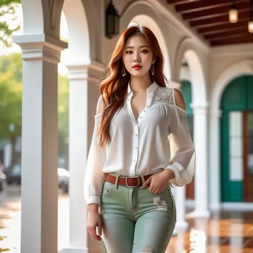 Prompt: Beautiful curvy but trim Korean woman, (gorgeous diamond face), white blouse, torn short denim jeans, light brown cowboy boots, suede fringe shoulder bag, long red-chestnut hair, green eyes, (standing under a modern portico), (sunny day), soft reflections on wet surfaces, moody ambiance, vibrant colors, high detail & quality, 8K, (photorealistic) pro photo, magical atmosphere.