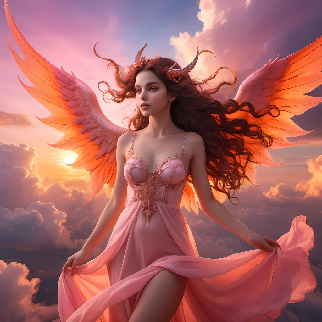 Prompt: A succubus in the form of a young woman in her twenties with an innocent face flying through the sky.