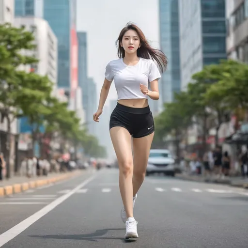 Prompt: The korean girl is running in the city. 
She wears white biker shorts and black sport t-shirt.
ultra-detailed, 4K quality. AI defined exquisitely beautiful, totally ultra realistic young adult Korean, gorgeously detailed facial features, perfect body proportions, ultra pale, ultra glamorous girl, Full body photo,  HDR, UHD, high res, 64k, cinematic lighting, special effects, hd octaneArtgerm
