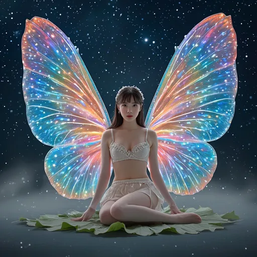 Prompt: fantastic fantasy art, young korean woman with gigantic colourful semi-transparent fairy wings, tight pearly outfit (short skirt, crop-top, belly-baring, decollete), Sitting on a leaf with spreded wide open legs, arms casually resting on her knees, beaded white decorated stockings, dark night with a magnificent starry sky in the background, hard spotlight lighting giving the picture a certain drama.
Thighs visible, Wearing a garter belt,  splash art, hyper detailed, ultra realistic, highly detailed, surreal heavy mist, AI defined exquisitely beautiful, totally ultra realistic young adult Korean, gorgeously detailed facial features, sumptuous cleavage, perfect body proportions, ultra pale, ultra glamorous, perfect shading, impeccable contrast, HDR, UHD, high res, 64k
