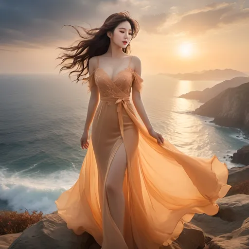 Prompt: (Beautiful korean woman), elegant long flowing gossamer see-through dress, dramatic wind-blown movement, perched on a rugged cliff top, vibrant sunset colors illuminating the sky, serene sea and beach below, warm golden hues, breathtaking scenery, soft romantic ambiance, vivid details, high depth cinematic masterpiece, ultra-detailed, atmospheric setting.
splash art, hyper detailed, ultra realistic, highly detailed, surreal heavy mist, AI defined exquisitely beautiful, totally ultra realistic young adult Korean, gorgeously detailed facial features, sumptuous cleavage, perfect body proportions, ultra pale, ultra glamorous