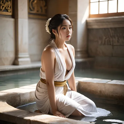 Prompt: create a natural gorgeous korean female  ancient rome, large cleavage, white wet toga, kneeling, looking at the camera, bathing, front 45º view, in water, bathing in a roman bath, completely wet hair, natural light, ine details, natural beauty, breathtaking, captivating, fine details, sharp,