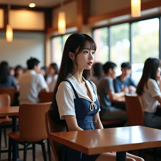 Prompt: An 18-year-old japanese cute girl wearing a mini school uniform sitting on a high chair in a crowded restaurant waiting for food, deep cleavage, side view. full body

natural lighting, hyper detailed, ultra realistic, highly detailed, surreal heavy mist, AI defined exquisitely beautiful, totally ultra realistic, young adult Korean, gorgeously detailed facial features, sumptuous cleavage, perfect body proportions, ultra pale, ultra glamorous, perfect shading, impeccable contrast, HDR, UHD, high res, 64k