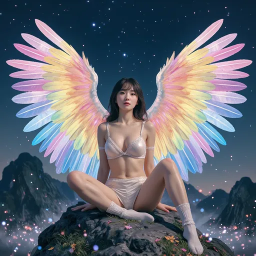 Prompt: fantastic fantasy art, young korean woman with gigantic colourful semi-transparent angel wings, tight pearly outfit (short skirt, crop-top, belly-baring, decollete), sitting on a rock with spreded wide open legs, arms casually resting on her knees, beaded white decorated stockings, chubby thighs, dark night with a magnificent starry sky in the background, hard spotlight lighting giving the picture a certain drama.
AI defined exquisitely beautiful, totally ultra realistic young adult Korean, gorgeously detailed facial features, sumptuous cleavage, perfect body proportions, ultra pale, ultra glamorous, chubby, fat, perfect shading, impeccable contrast, HDR, UHD, high res, 64k