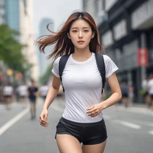 Prompt: The korean girl is running in the city. 
She wears white biker shorts and black sport t-shirt.
ultra-detailed, 4K quality. AI defined exquisitely beautiful, totally ultra realistic young adult Korean, gorgeously detailed facial features, perfect body proportions, ultra pale, ultra glamorous girl, Full body photo,  HDR, UHD, high res, 64k, cinematic lighting, special effects, hd octaneArtgerm
