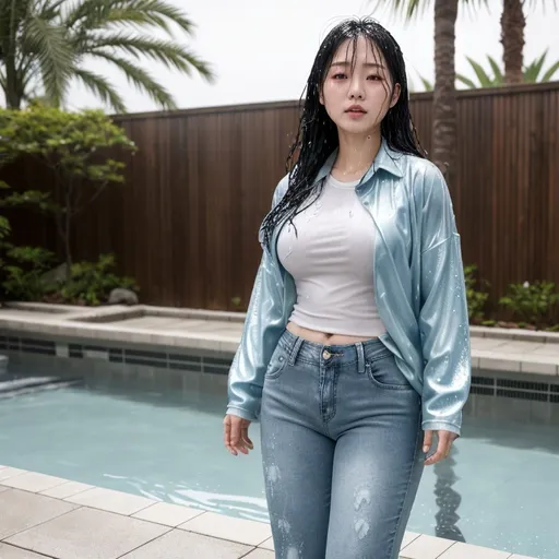 Prompt: drenched korean woman stepping out of pool, wet clothes clinging, fully clothed in long jeans and long sleeved shirt , shining wet, detailed soaked wet fabric texture, high quality, wet and soaked skin, small water droplets dripping from clothes, wet clothes stuck to body, showing body outline, under wear, chubby hip