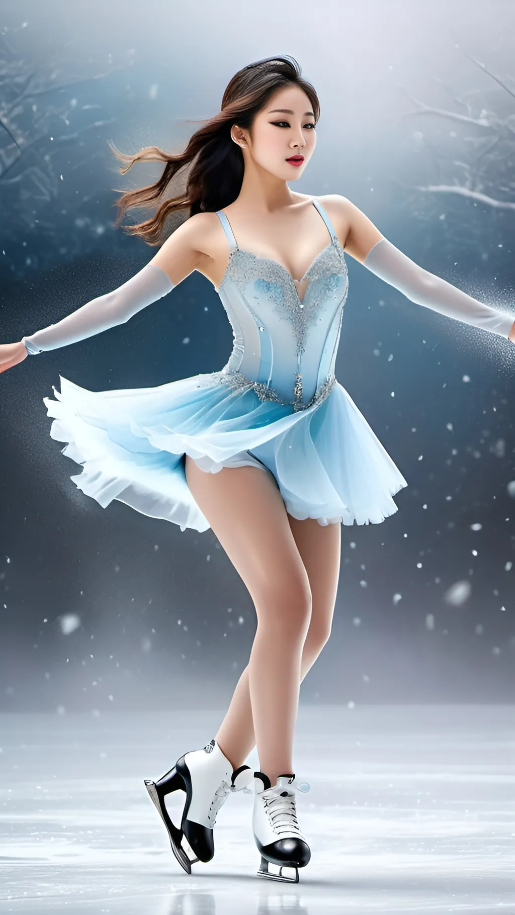 Prompt: Beautiful 20-something Korean woman figure skating.
full body shot
splash art, hyper detailed, ultra realistic, highly detailed, surreal heavy mist, AI defined exquisitely beautiful, totally ultra realistic young adult Korean, gorgeously detailed facial features, sumptuous cleavage, perfect body proportions, ultra pale, ultra glamorous, perfect shading, impeccable contrast, HDR, UHD, high res, 64k