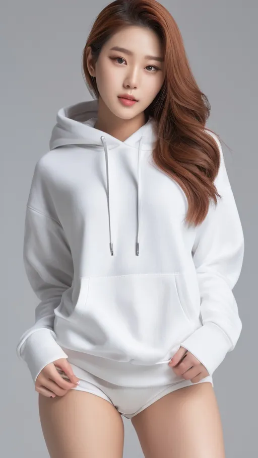 Prompt: No bottoms, 
oversized hoodie that reaches down to the knees, 
Outfit that emphasizes her glamorous body, full body, huge chest. AI defined exquisitely beautiful, totally ultra realistic young adult Korean, gorgeously detailed facial features, perfect body proportions, ultra pale, ultra glamorous, perfect shading, impeccable contrast, HDR, UHD, high res, 64k