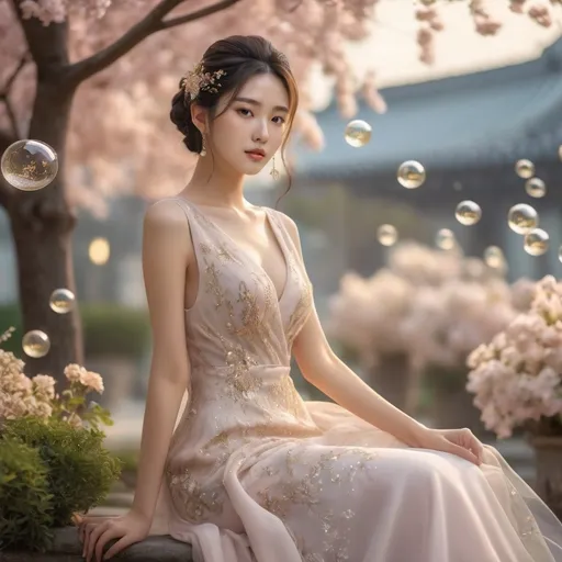 Prompt: korean woman, Prosecco dress, (sparkling elegance), voluminous silk fabric, glistening bubbles embedded, (feminine silhouette), romantic flow, soft pastel colors with golden highlights, shimmering under gentle light, (high fashion), luxurious atmosphere, celebratory mood, whimsical elegance, surrounded by a stylish garden setting, ultra-detailed, 4K quality.
AI defined exquisitely beautiful, totally ultra realistic young adult Korean, gorgeously detailed facial features, perfect body proportions, ultra pale, ultra glamorous girl, Full body photo, no shoes, HDR, UHD, high res, 64k, cinematic lighting, special effects, hd octaneArtgerm