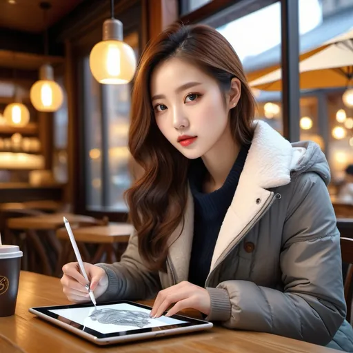 Prompt: A female artist drawing on a tablet in a cafe during the cold winter

AI defined exquisitely beautiful, totally ultra realistic young adult Korean, gorgeously detailed facial features,  perfect body proportions, ultra pale, ultra glamorous, perfect shading, impeccable contrast, HDR, UHD, high res, 64k