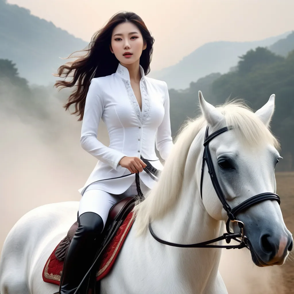 Prompt: Beautiful woman riding a white horse,
hyper detailed, ultra realistic, highly detailed, surreal heavy mist, AI defined exquisitely beautiful, totally ultra realistic young adult Korean, gorgeously detailed facial features, sumptuous cleavage, perfect body proportions, ultra pale, ultra glamorous, perfect shading, impeccable contrast, HDR, UHD, high res, 64k