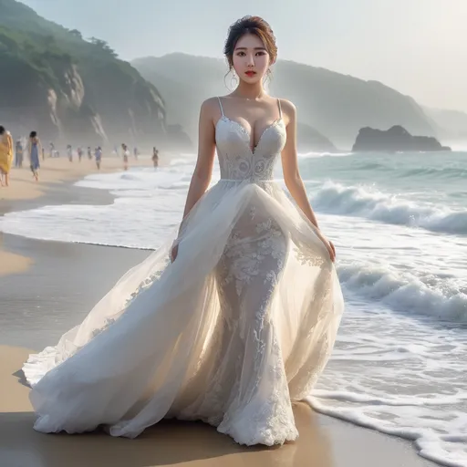 Prompt: splash art, hyper detailed, ultra realistic, highly detailed, surreal heavy mist, AI defined exquisitely beautiful, totally ultra realistic young adult Korean, gorgeously detailed facial features, sumptuous cleavage, perfect body proportions, ultra pale, ultra glamorous bride, walking in a crowded beach, Wet feet and dress, 

HDR, UHD, high res, 64k, cinematic lighting, special effects, hd octaneArtgerm