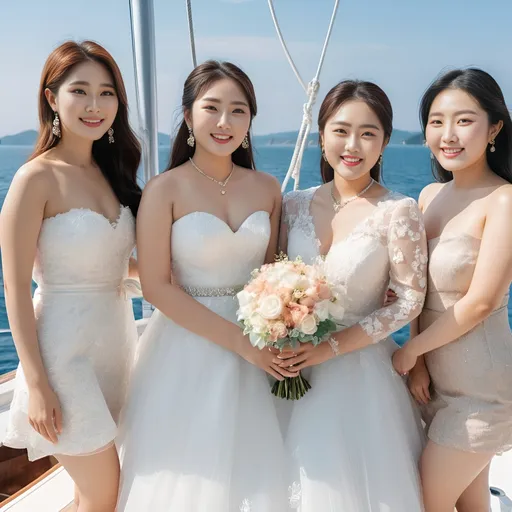 Prompt: A professional photograph of three glamorous and beautiful Korean friends in their 20s with slim bodies and chubby thighs, taking wedding photos on a yacht with a refreshing breeze, blue ocean, and sky in the background. They are standing side by side, smiling broadly. All three women have large chests, highlighting these features prominently. One woman, the bride, is wearing a swimwear-style mini wedding dress with a veil and gathered belt. The other two women are wearing swimwear-style mini dresses with knee-high socks. All three women have cute and attractive facial features and are smiling brightly. The scene is lively and joyful with the wind adding a dynamic touch to their outfits and the yacht creating an elegant atmosphere.