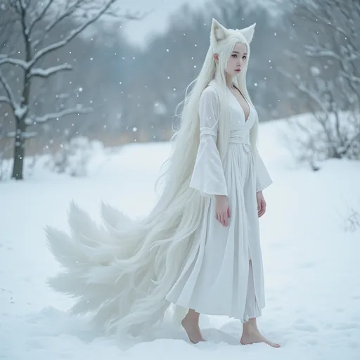 Prompt: Gumiho, human-shaped nine-tailed fox, beautiful appearance, captivating appearance, bewitching expression, dazzlingly beautiful face, pale skin, white hair, white clothes, full body, no shoes, bare feet, side view, nine tails, soft tail hair, shiny tail hair, 
enchanting atmosphere, cold winter day, snow, snow sparkling, 
totally ultra realistic young adult Korean, gorgeously detailed facial features, sumptuous cleavage, perfect body proportions, ultra pale, ultra glamorous, perfect shading, impeccable contrast, HDR, UHD, high res, 64k