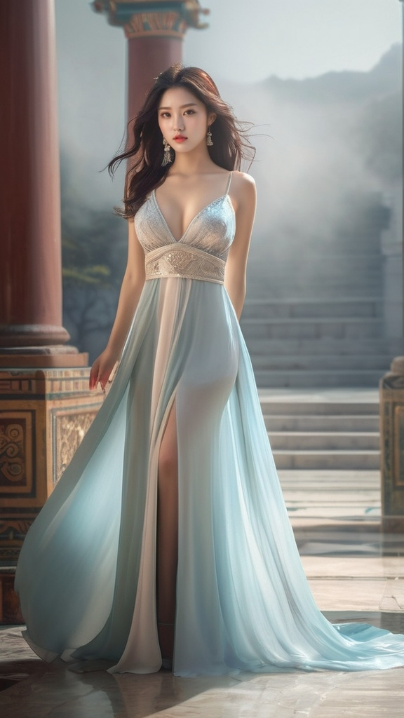 Prompt: splash art, hyper detailed, ultra realistic, highly detailed, surreal heavy mist, AI defined exquisitely beautiful, totally ultra realistic young adult Korean, gorgeously detailed facial features, sumptuous cleavage, perfect body proportions, ultra pale, ultra glamorous girl, Wearing a dress like a Greek goddess, Full body photo, no shoes, 

HDR, UHD, high res, 64k, cinematic lighting, special effects, hd octaneArtgerm