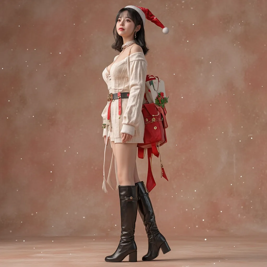 Prompt: full body photoshoot, cute, christmas outfit, kpop IDOL, full body, heel boots, knee socks, side view, 
AI defined exquisitely beautiful, totally ultra realistic young adult Korean, gorgeously detailed facial features, sumptuous cleavage, perfect body proportions, ultra pale, ultra glamorous, perfect shading, impeccable contrast, HDR, UHD, high res, 64k