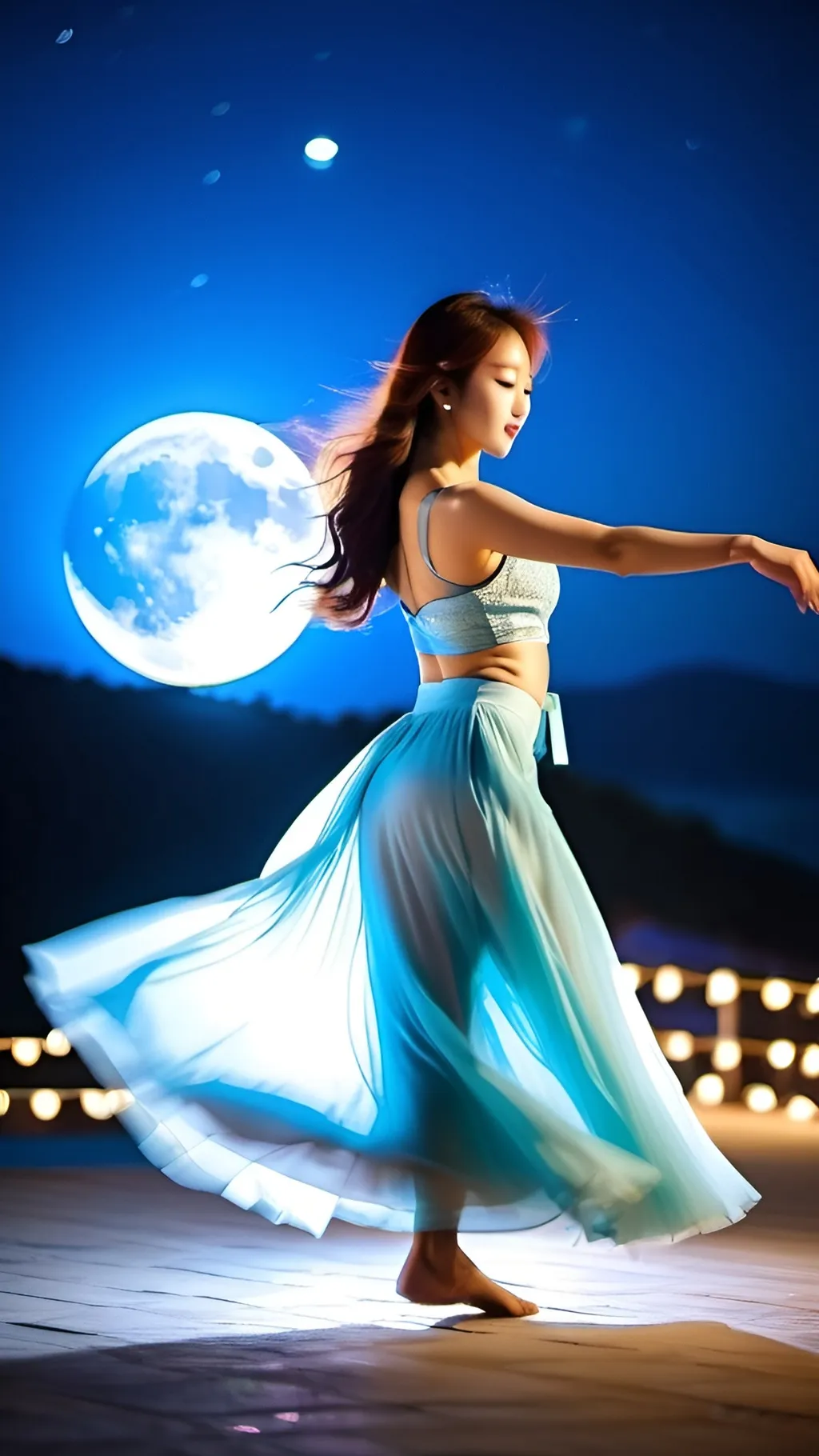 Prompt: most beautiful korean, Dancing in the moonlight, Cinematic, DSLR, Telephoto, Side-View, Blur Effect