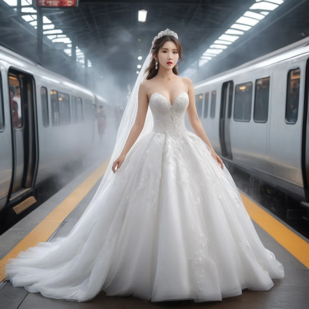 Prompt: splash art, hyper detailed, ultra realistic, highly detailed, surreal heavy mist, AI defined exquisitely beautiful, totally ultra realistic young adult Korean, gorgeously detailed facial features, sumptuous cleavage, perfect body proportions, ultra pale, ultra glamorous bride, walking in a train station, A picture of someone boarding a train with one leg raised, 

HDR, UHD, high res, 64k, cinematic lighting, special effects, hd octaneArtgerm