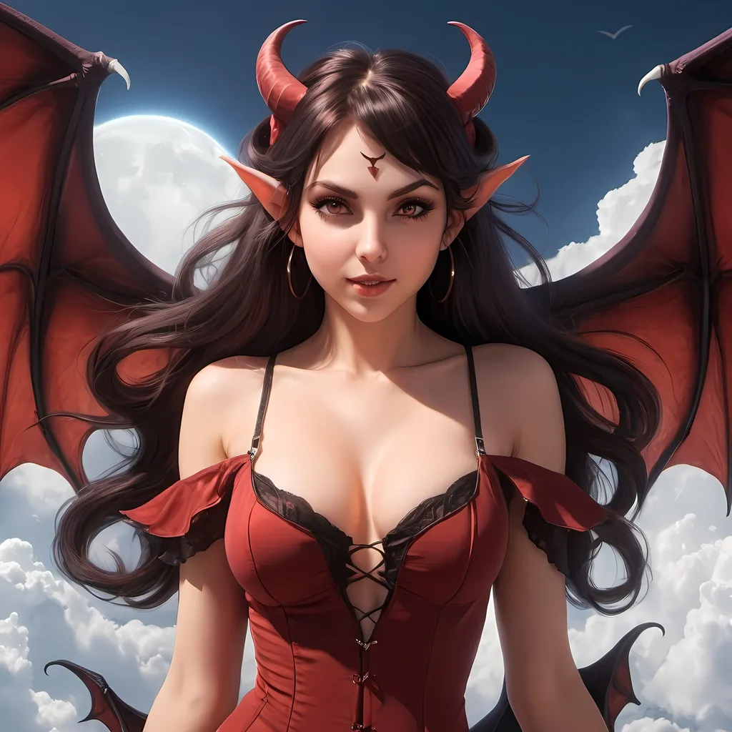 Prompt: A succubus in the form of a young woman in her twenties with an innocent face flying through the sky.