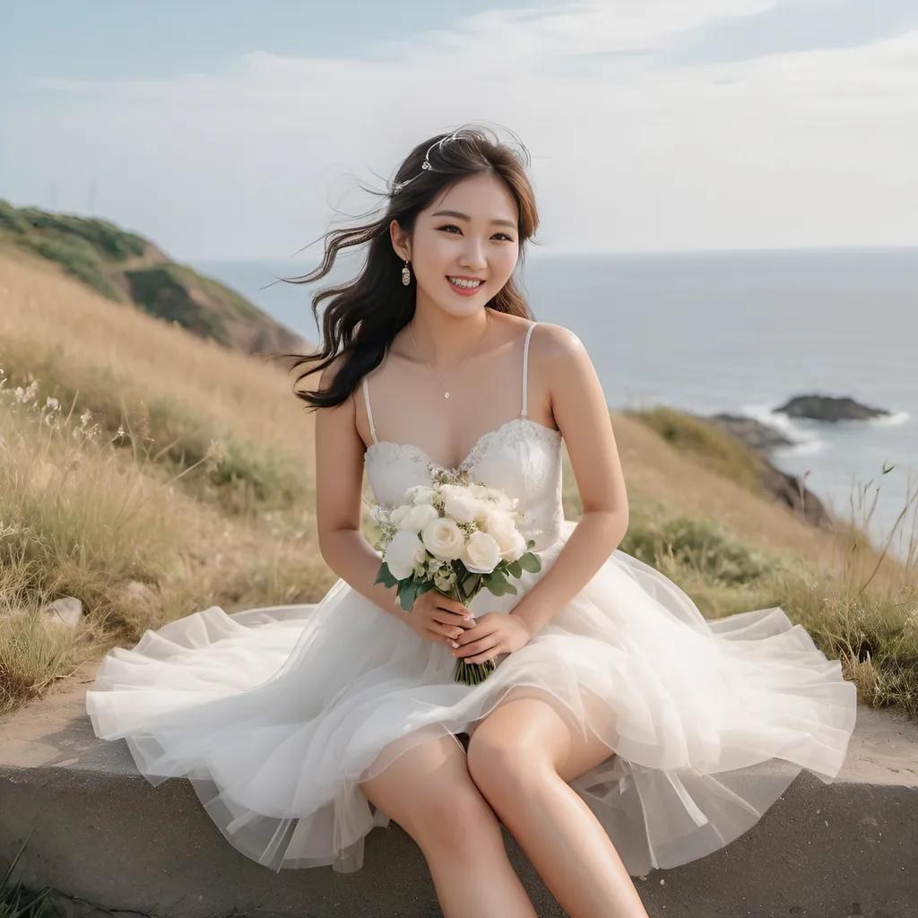 Prompt: Cute and glamorous 20-something Korean woman, very beautiful, baby face
Photoshoot wearing see-through mini wedding dress, garter belt, and high heels
Smiling expression
Outfit that emphasizes glamorous body
Clothing is a bit small
Chest sticks out
Holding a small bouquet in one hand.
Photoshoot on a windy seaside hill.
Skirt and veil blowing in the wind
Sitting on a bench with legs slightly spread
Thighs visible
Wearing a garter belt
splash art, hyper detailed, ultra realistic, highly detailed, surreal heavy mist, AI defined exquisitely beautiful, totally ultra realistic young adult Korean, gorgeously detailed facial features, sumptuous cleavage, perfect body proportions, ultra pale, ultra glamorous, perfect shading, impeccable contrast, HDR, UHD, high res, 64k