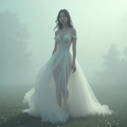 Prompt: full body shot, splash art, hyper detailed, ultra realistic, highly detailed, surreal heavy mist, AI defined exquisitely beautiful, totally ultra realistic young adult Korean, gorgeously detailed facial features, sumptuous cleavage, perfect body proportions, ultra pale, ultra glamorous bride, walking in a swirling fog, micro dress, on the grass, 

perfect shading, impeccable contrast, HDR, UHD, high res, 64k, cinematic lighting, special effects, hd octaneArtgerm, WLOP, dynamic studio quality lighting hyper-detailed, intricately detailed, Splash art, trending on Artstation, triadic colors, Unreal Engine 5 volumetric lighting, unreal engine, octane render.