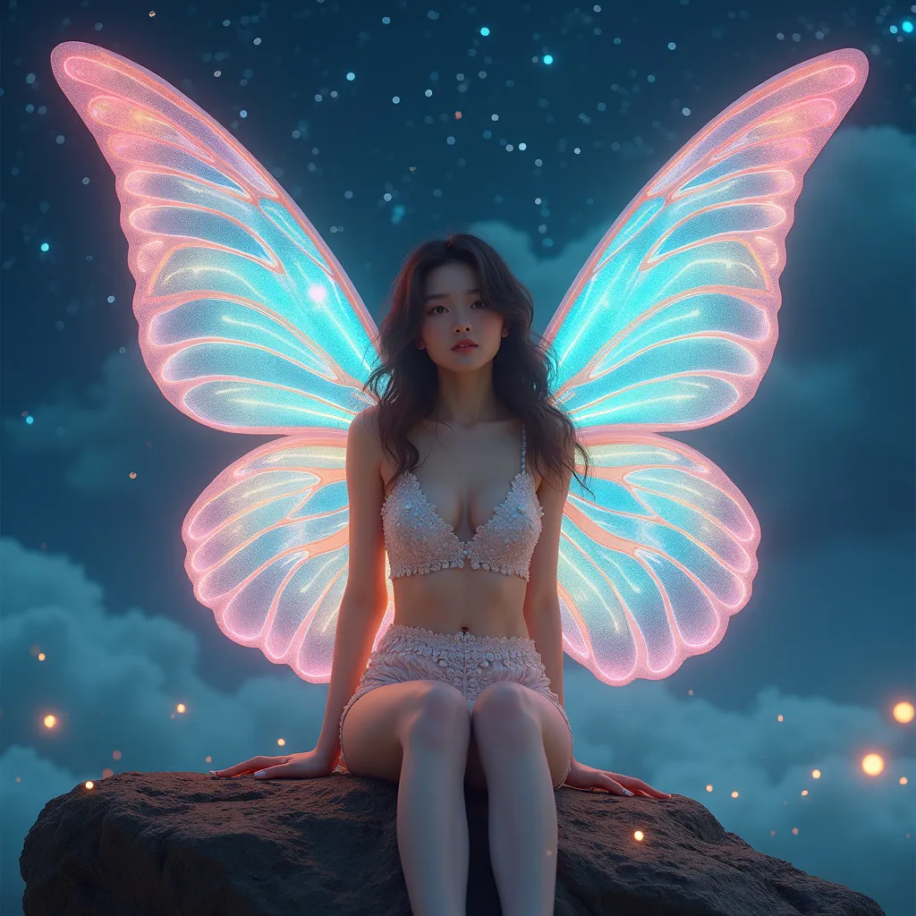 Prompt: fantastic fantasy art, young korean woman with gigantic colourful semi-transparent fairy wings, tight pearly outfit (short skirt, crop-top, belly-baring, decollete), sitting on a rock with spreded wide open legs, arms casually resting on her knees, beaded white decorated stockings, dark night with a magnificent starry sky in the background, hard spotlight lighting giving the picture a certain drama.
Thighs visible Wearing a garter belt splash art, hyper detailed, ultra realistic, highly detailed, surreal heavy mist, AI defined exquisitely beautiful, totally ultra realistic young adult Korean, gorgeously detailed facial features, sumptuous cleavage, perfect body proportions, ultra pale, ultra glamorous, perfect shading, impeccable contrast, HDR, UHD, high res, 64k