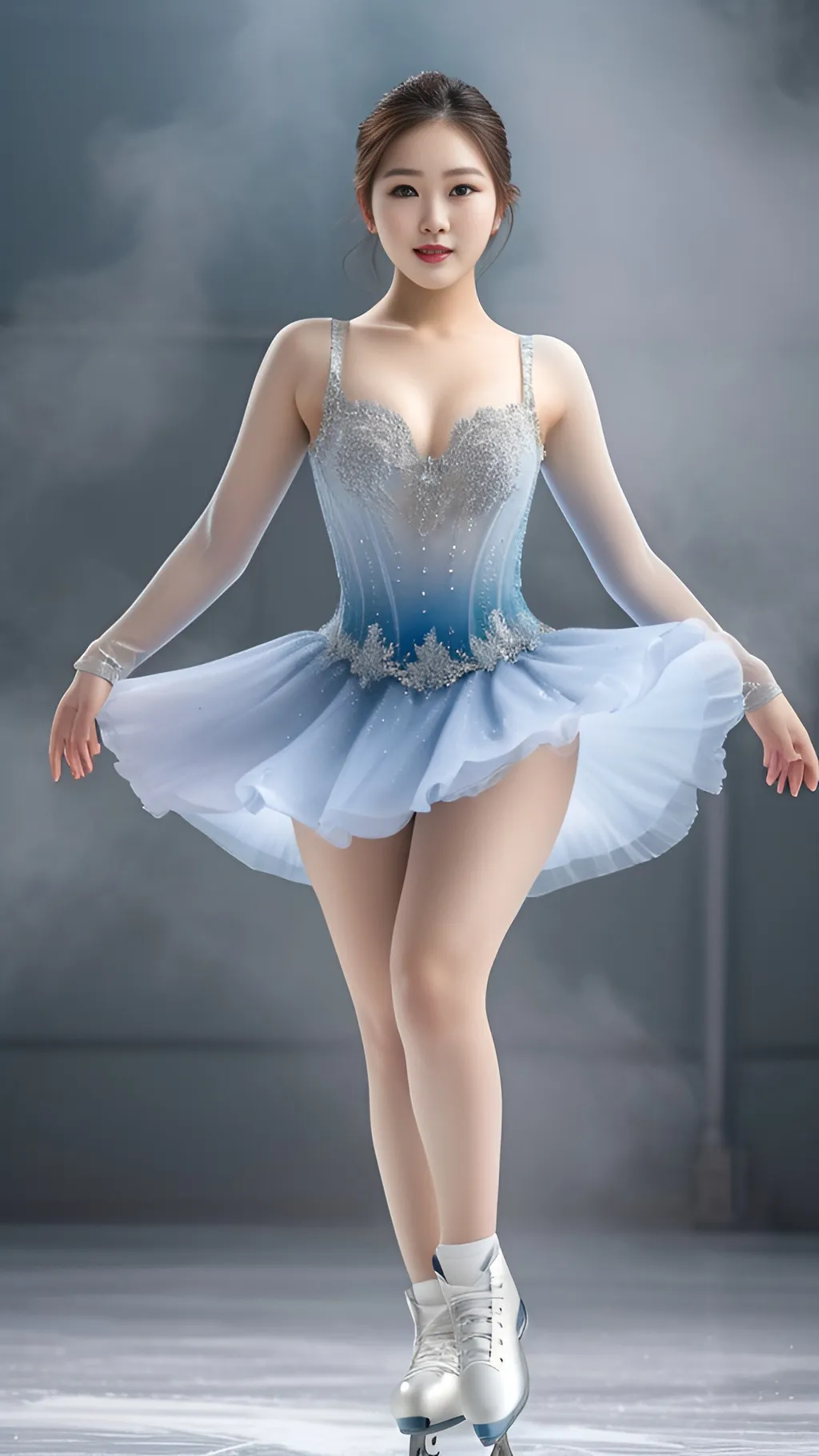 Prompt: Beautiful 20-something Korean woman figure skating.
full body shot, Chubby thighs
splash art, hyper detailed, ultra realistic, highly detailed, surreal heavy mist, AI defined exquisitely beautiful, totally ultra realistic young adult Korean, gorgeously detailed facial features, sumptuous cleavage, perfect body proportions, ultra pale, ultra glamorous, perfect shading, impeccable contrast, HDR, UHD, high res, 64k