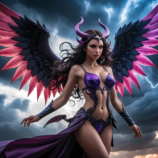 Prompt: A succubus in the form of a 20-something innocent and gentle-looking woman and a fallen angel with an evil expression are fighting each other. 
They are flying in the sky. 
Full body photo