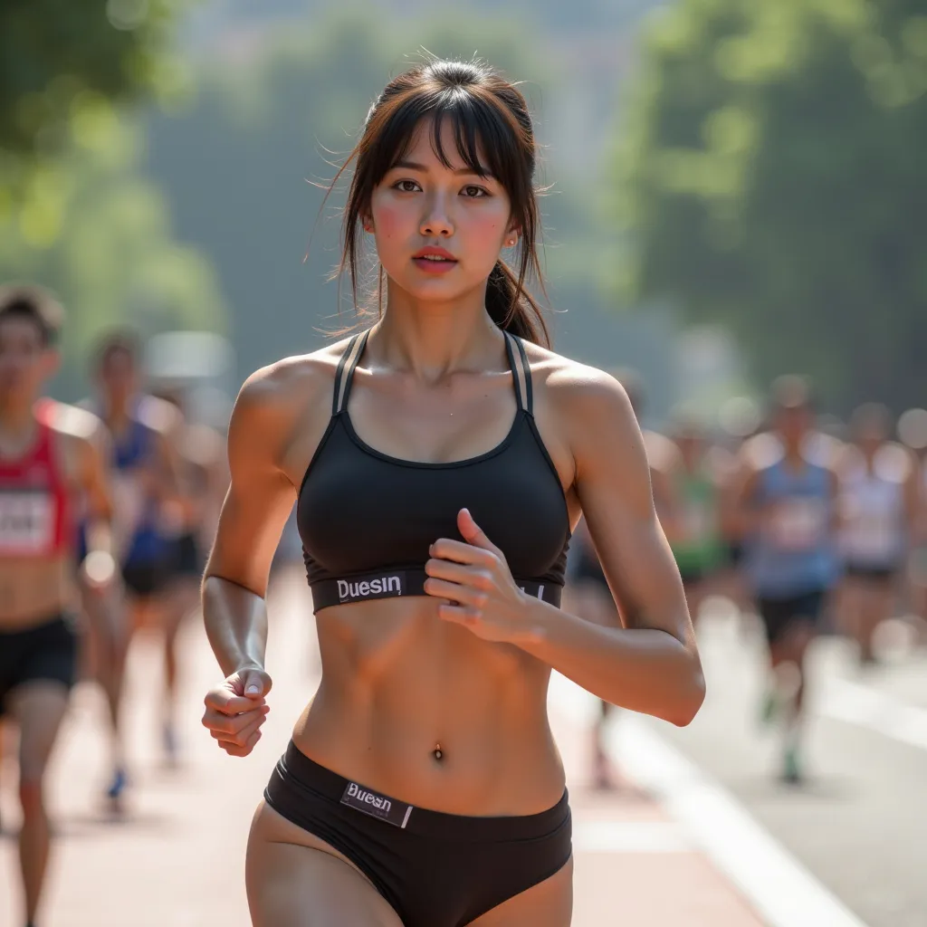 Prompt: A slender girl in her 20s wearing a tight tank top and hot pants,
She is running in a marathon.
She is sweating. Sweat is running down her face, sweat is running down her body, her clothes are soaked with sweat. Her hair is soaked with sweat. She is wiping the sweat while running.
hyper detailed, ultra realistic, highly detailed, AI defined exquisitely beautiful, totally ultra realistic young adult Korean, gorgeously detailed facial features, sumptuous cleavage, perfect body proportions, ultra pale, ultra glamorous, perfect shading, impeccable contrast, HDR, UHD, high res, 64k